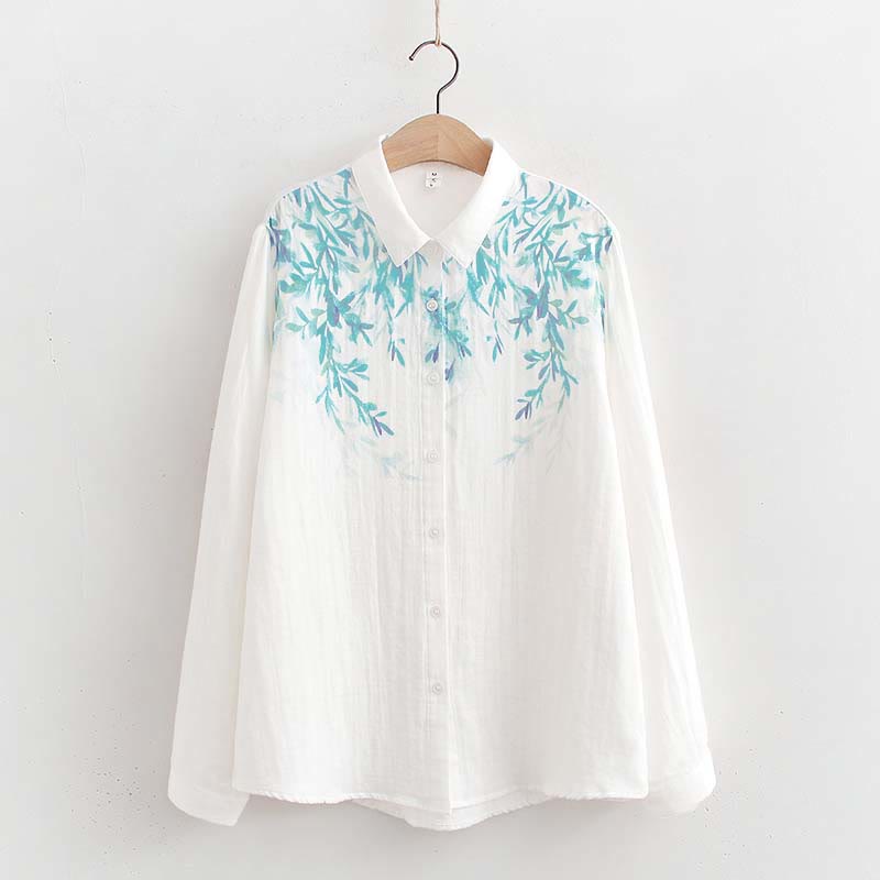 Buddha Stones Fall White Green Grass Buttons Women's Cotton Long Sleeve Shirt - White - US6，UK/AU10，EU38 (L) - image 0