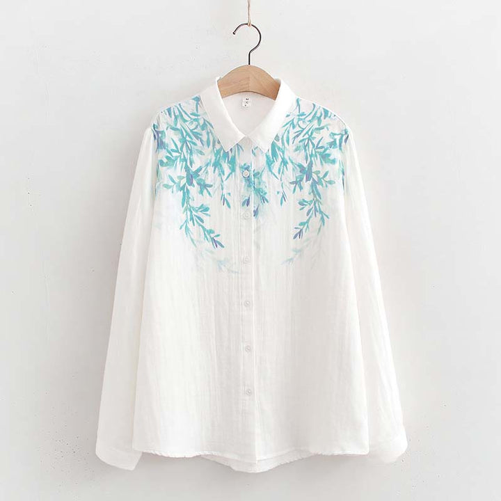 Buddha Stones Fall White Green Grass Buttons Women's Cotton Long Sleeve Shirt - White - US6，UK/AU10，EU38 (L) - image 0