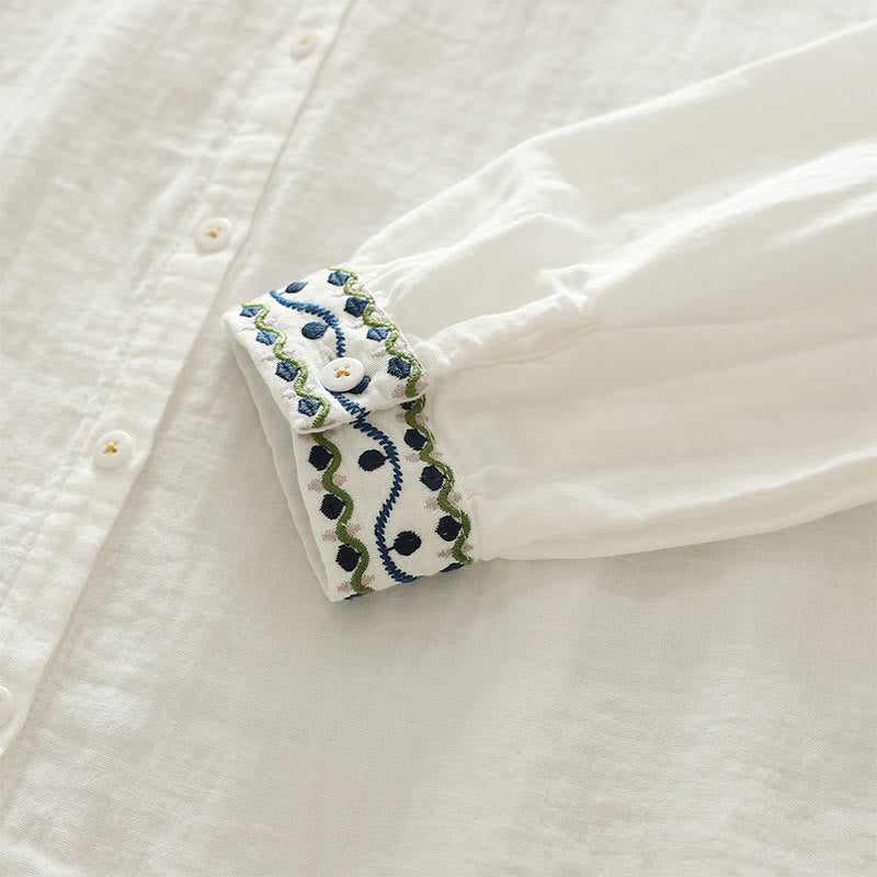 Buddha Stones Fall White Geometric Embroidery Buttons Women's Cotton Long Sleeve Shirt - image 8