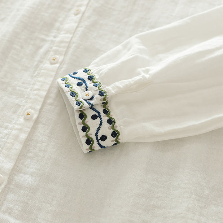 Buddha Stones Fall White Geometric Embroidery Buttons Women's Cotton Long Sleeve Shirt - image 8