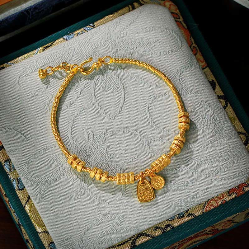 Buddha Stones 24k Gold Plated Brass Fu Character Lucky Charm Blessing Bracelet - image 0