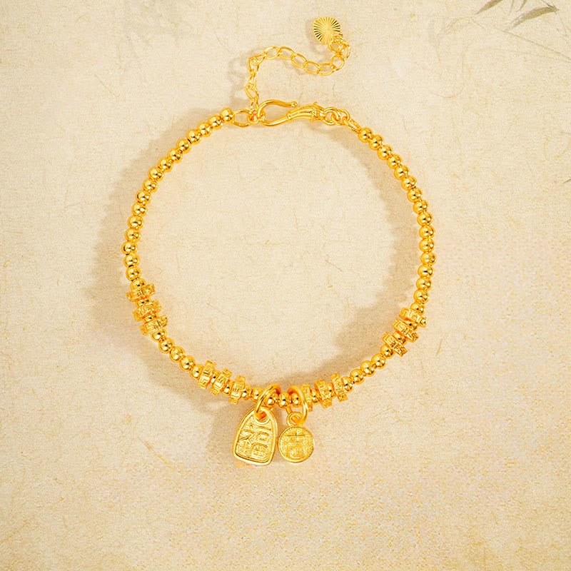 Buddha Stones 24k Gold Plated Brass Fu Character Lucky Charm Blessing Bracelet - image 2