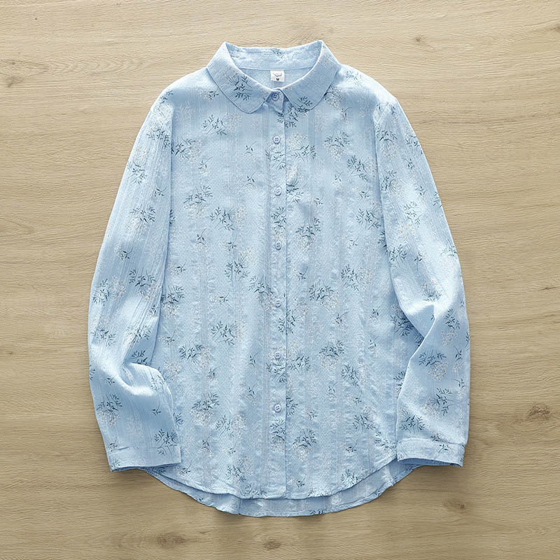 Buddha Stones Fall White Yellow Flowers Green Leaves Buttons Women's Cotton Long Sleeve Shirt - LightSkyBlue - US6，UK/AU10，EU38 (XL) - image 12