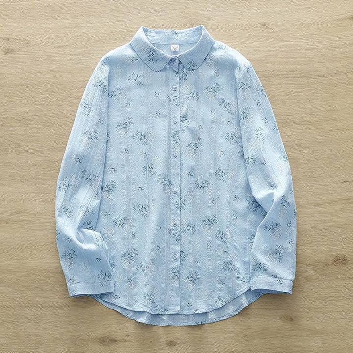 Buddha Stones Fall White Yellow Flowers Green Leaves Buttons Women's Cotton Long Sleeve Shirt - LightSkyBlue - US6，UK/AU10，EU38 (XL) - image 12