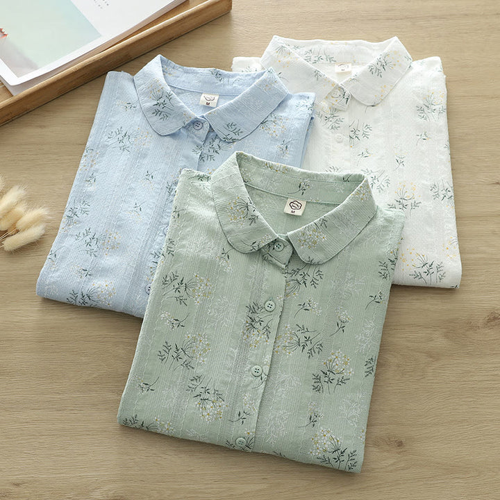 Buddha Stones Fall White Yellow Flowers Green Leaves Buttons Women's Cotton Long Sleeve Shirt - image 0