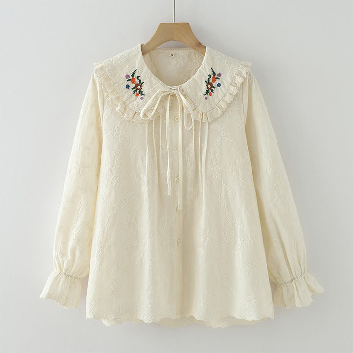 Buddha Stones Fall White Floral Embroidery Peter Pan Collar Buttons Women's Cotton Long Sleeve Shirt - Beige - US6，UK/AU10，EU38 (L) - image 0