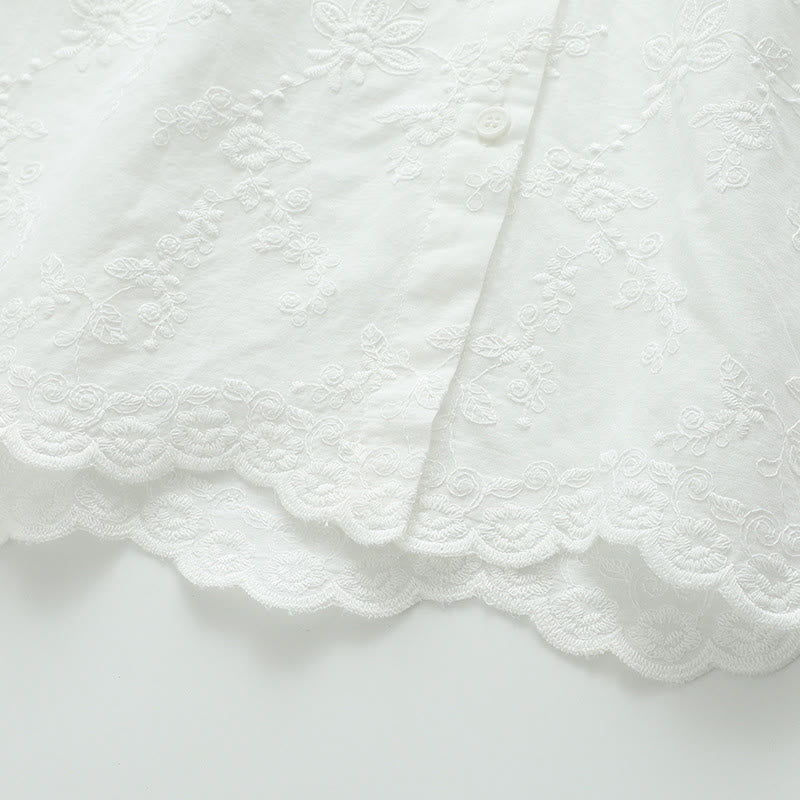 Buddha Stones Fall White Floral Embroidery Peter Pan Collar Buttons Women's Cotton Long Sleeve Shirt - image 8