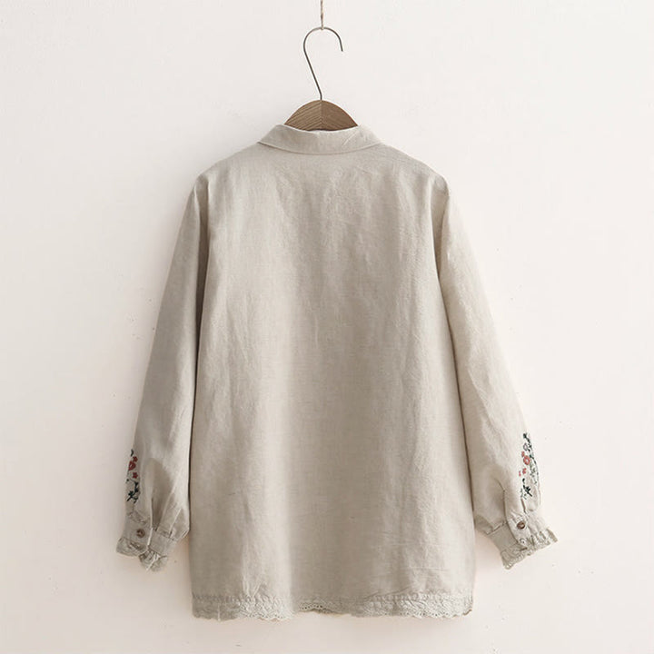 Buddha Stones Fall Beige Floral Grass Embroidery Buttons Women's Cotton Long Sleeve Shirt - image 1