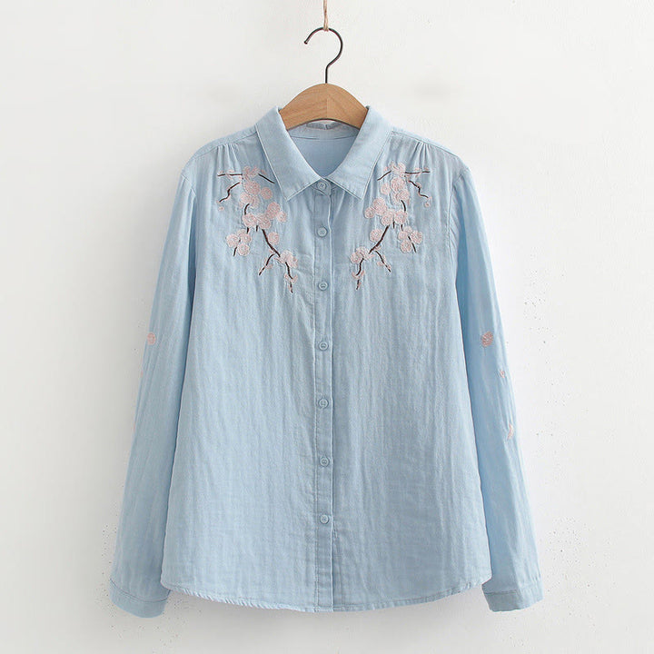 Buddha Stones Fall Pink Plum Blossoms Embroidery Buttons Women's Cotton Long Sleeve Shirt - LightBlue - US6，UK/AU10，EU38 (XL) - image 0