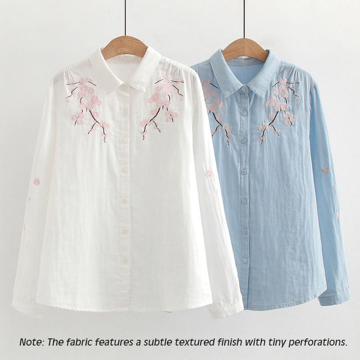 Buddha Stones Fall Pink Plum Blossoms Embroidery Buttons Women's Cotton Long Sleeve Shirt - image 2