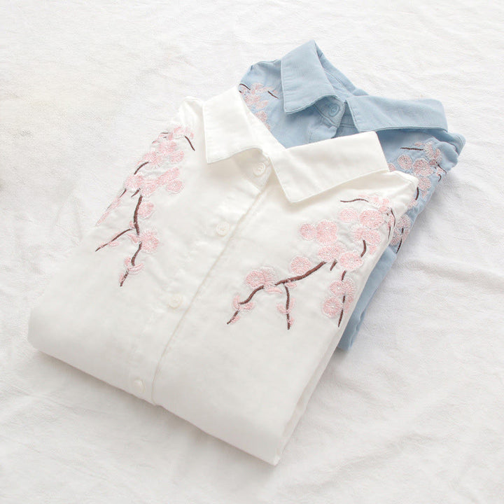 Buddha Stones Fall Pink Plum Blossoms Embroidery Buttons Women's Cotton Long Sleeve Shirt - image 15