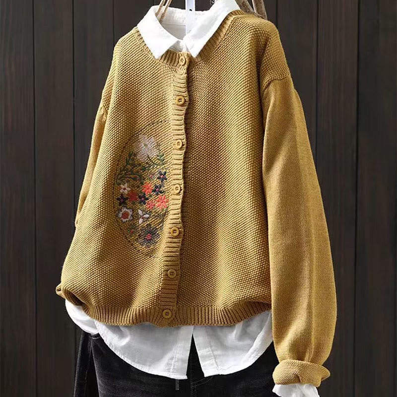 Buddha Stones Floral Embroidery Buttons Cotton Women's Long Sleeve Knitted Cardigan Sweater - Gold - US4-6，UK/AU8-10，EU36-38 (F) - image 2