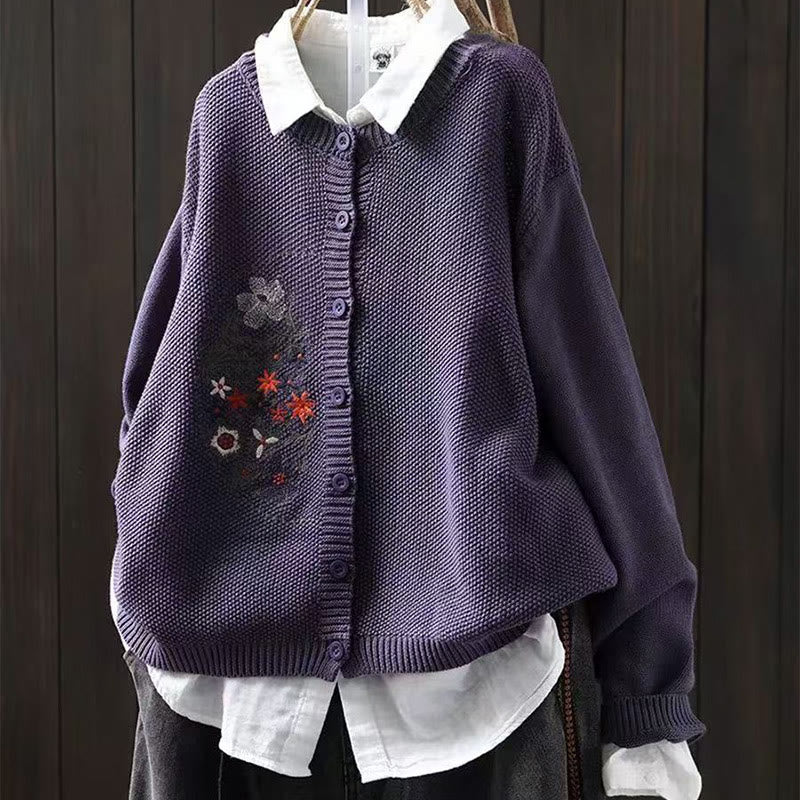 Buddha Stones Floral Embroidery Buttons Cotton Women's Long Sleeve Knitted Cardigan Sweater - DarkViolet - US4-6，UK/AU8-10，EU36-38 (F) - image 4