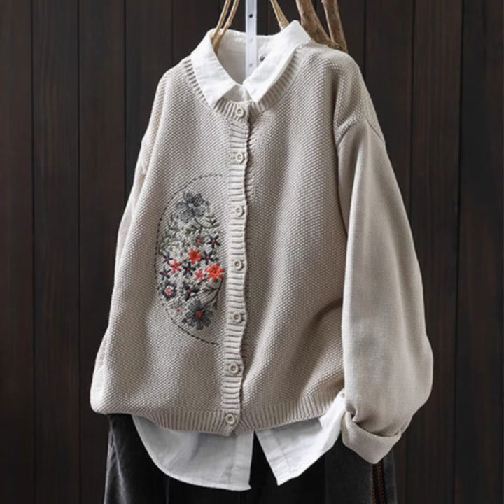 Buddha Stones Floral Embroidery Buttons Cotton Women's Long Sleeve Knitted Cardigan Sweater - Linen - US4-6，UK/AU8-10，EU36-38 (F) - image 14