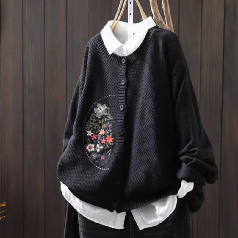 Buddha Stones Floral Embroidery Buttons Cotton Women's Long Sleeve Knitted Cardigan Sweater - Black - US4-6，UK/AU8-10，EU36-38 (F) - image 24