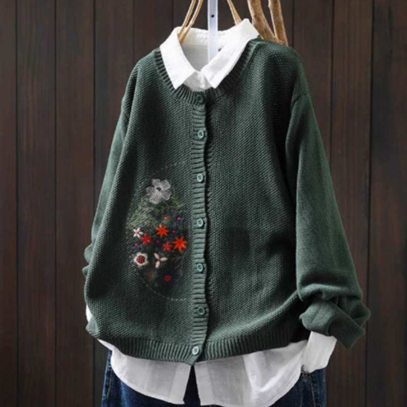Buddha Stones Floral Embroidery Buttons Cotton Women's Long Sleeve Knitted Cardigan Sweater - SeaGreen - US4-6，UK/AU8-10，EU36-38 (F) - image 22