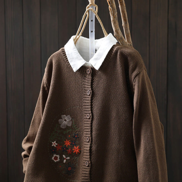 Buddha Stones Floral Embroidery Buttons Cotton Women's Long Sleeve Knitted Cardigan Sweater - image 21