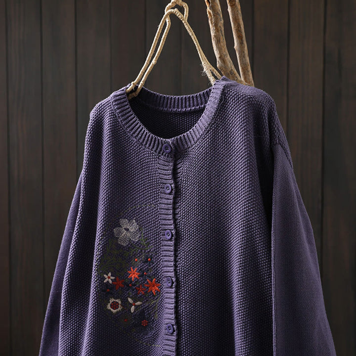Buddha Stones Floral Embroidery Buttons Cotton Women's Long Sleeve Knitted Cardigan Sweater - image 6