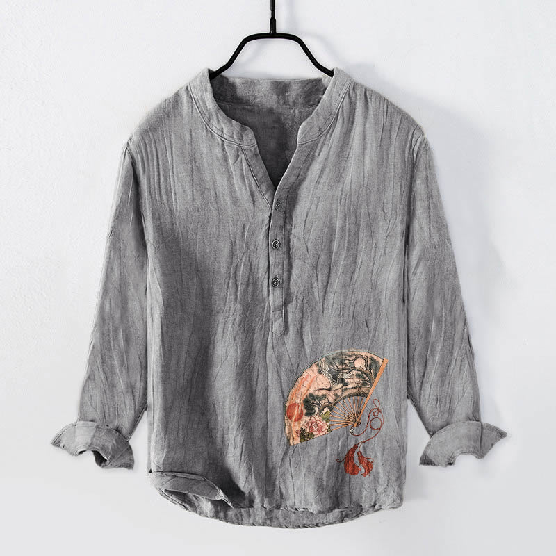 Buddha Stones Fan Crane Pine Tree Peony Red Sun Half Buttons Men's Cotton Linen Long Sleeve Shirt - image 1