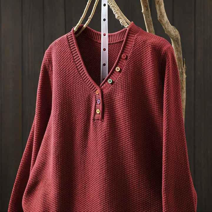 Buddha Stones Fall Colorful Buttons V-Neck Cotton Women's Long Sleeve Knitted Sweater - image 14
