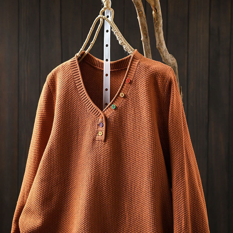 Buddha Stones Fall Colorful Buttons V-Neck Cotton Women's Long Sleeve Knitted Sweater - image 8