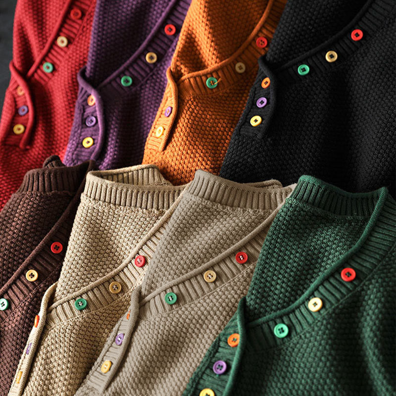 Buddha Stones Fall Colorful Buttons V-Neck Cotton Women's Long Sleeve Knitted Sweater - image 21