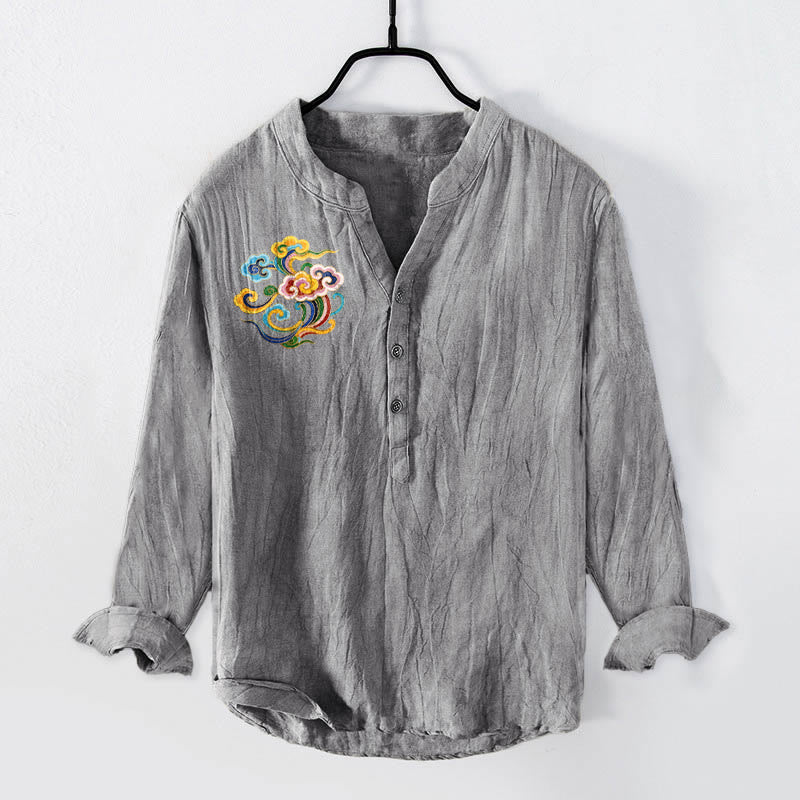 Buddha Stones Colorful Auspicious Clouds Pattern Half Buttons Men's Cotton Linen Long Sleeve Shirt - Gray - US/UK/AU50，EU60 (5XL) - image 3