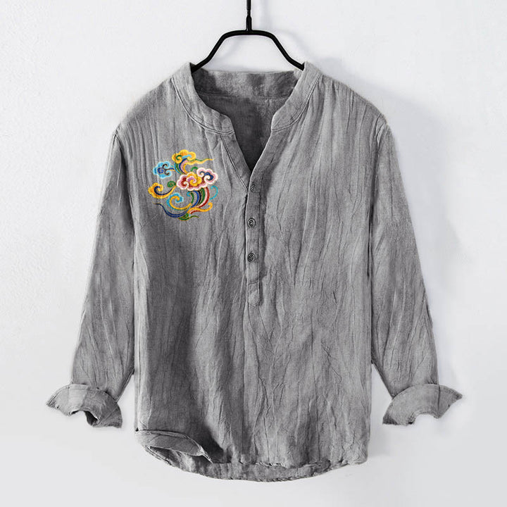 Buddha Stones Colorful Auspicious Clouds Pattern Half Buttons Men's Cotton Linen Long Sleeve Shirt - Gray - US/UK/AU50，EU60 (5XL) - image 3