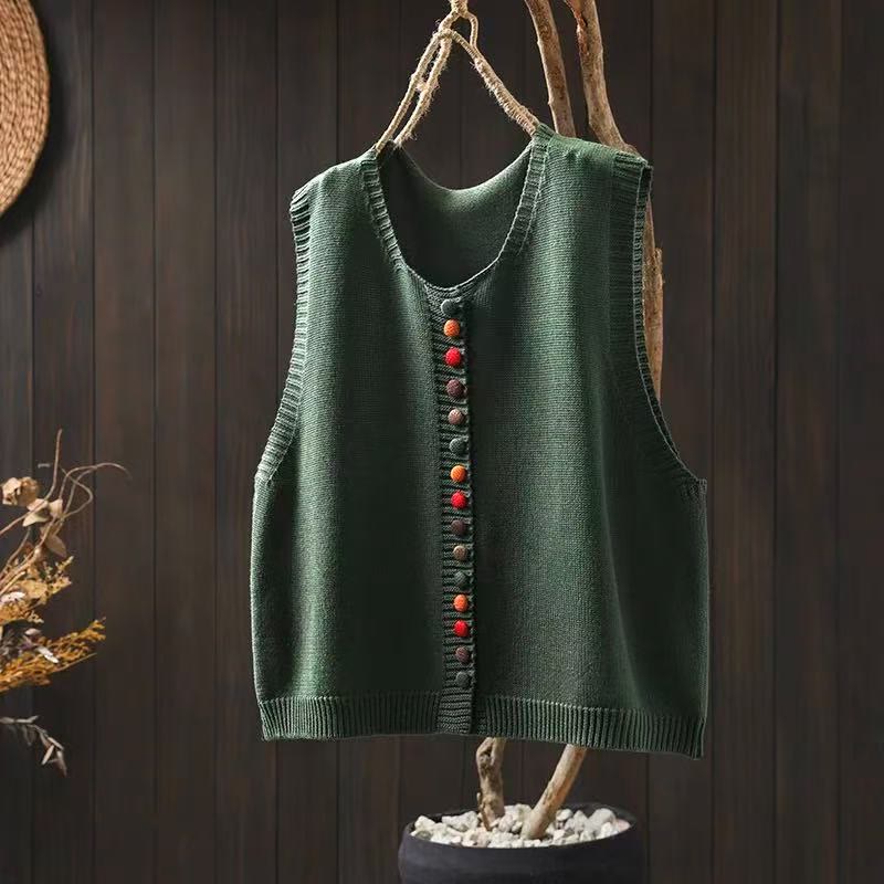 Buddha Stones Colorful Buttons Women's Sleeveless Cotton Knitted Vest Waistcoat - Green - US4-6，UK/AU8-10，EU36-38 (F) - image 7
