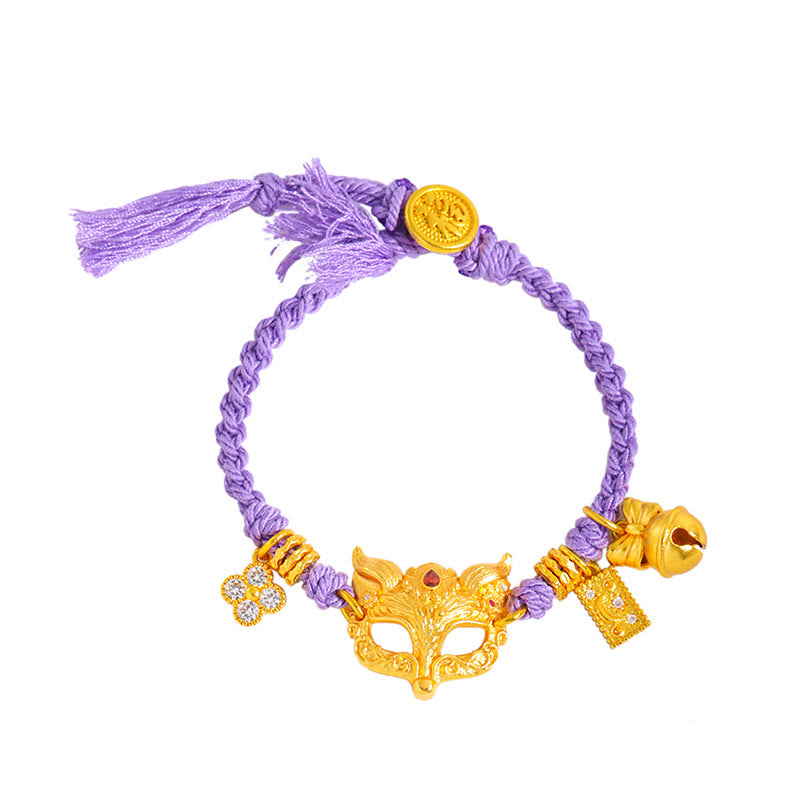Buddha Stones 24k Gold Plated Brass Fox Bell Charm Fu Character Woven Purple String Luck Bracelet - image 5