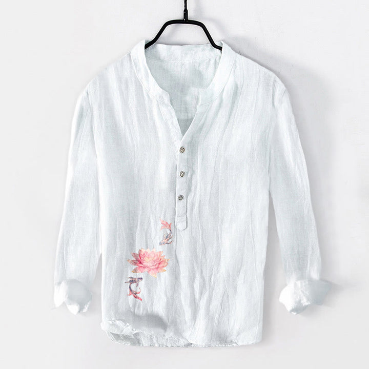 Buddha Stones Soft Colors Lotus Koi Fish Pattern Half Buttons Men's Cotton Linen Long Sleeve Shirt - White - US/UK/AU50，EU60 (5XL) - image 6