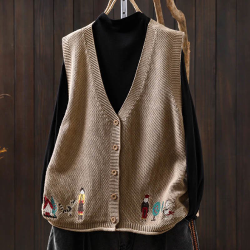 Buddha Stones Figure Rabbit Tree Embroidery Buttons Women's Sleeveless Cotton Knitted Vest Waistcoat - Tan - US4-6，UK/AU8-10，EU36-38 (F) - image 15