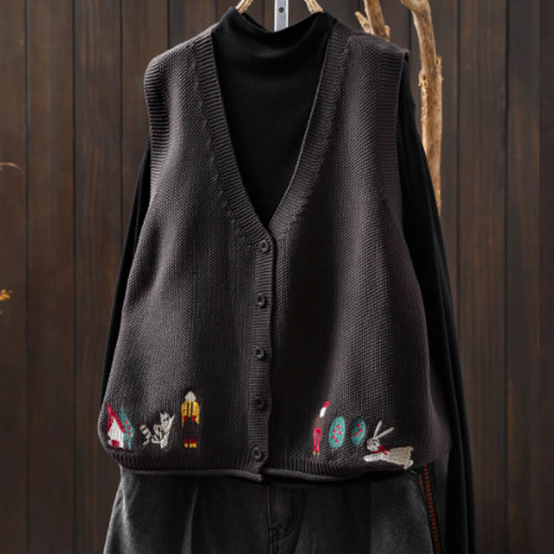 Buddha Stones Figure Rabbit Tree Embroidery Buttons Women's Sleeveless Cotton Knitted Vest Waistcoat - Gray - US4-6，UK/AU8-10，EU36-38 (F) - image 18