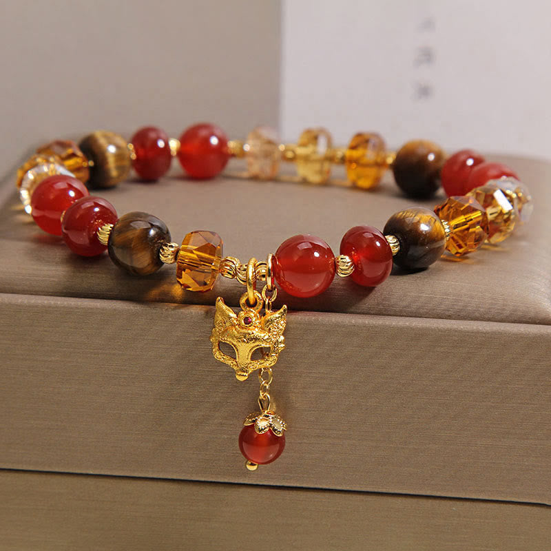 Buddha Stones Red Agate Tiger Eye Fox Charm Calm Beaded Bracelet - image 1