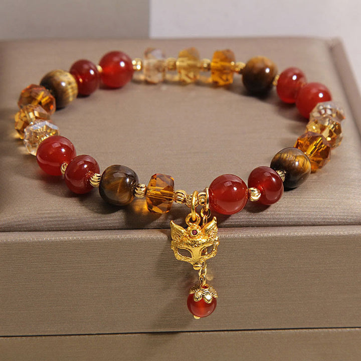 Buddha Stones Red Agate Tiger Eye Fox Charm Calm Beaded Bracelet - image 2