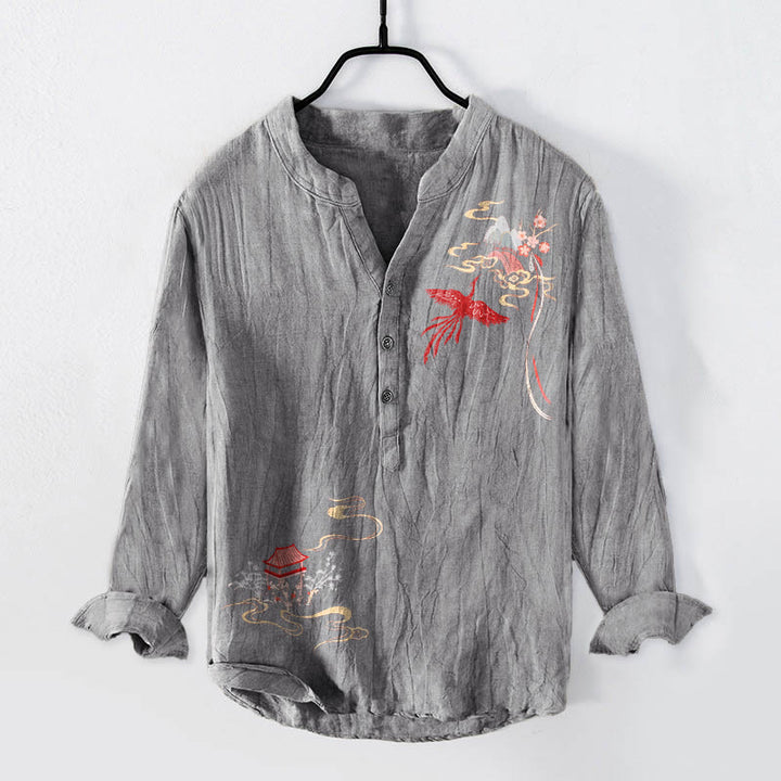 Buddha Stones Phoenix Pavilions Clouds Pattern Half Buttons Men's Cotton Linen Long Sleeve Shirt - Gray - US/UK/AU50，EU60 (5XL) - image 0