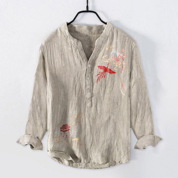 Buddha Stones Phoenix Pavilions Clouds Pattern Half Buttons Men's Cotton Linen Long Sleeve Shirt - Linen - US/UK/AU50，EU60 (5XL) - image 3