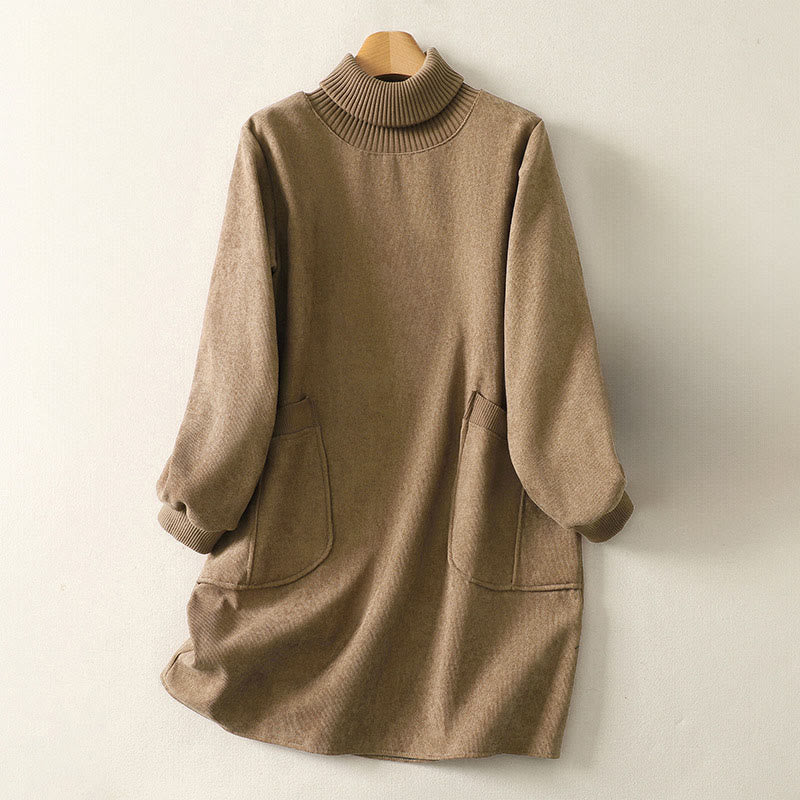 Buddha Stones Winter High Neck Warm Cotton Women's Long Sleeve Midi Dress With Pockets - BurlyWood - US14，UK/AU18，EU46 (2XL) - image 1