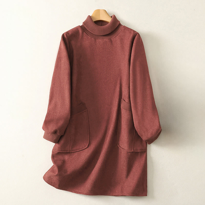 Buddha Stones Winter High Neck Warm Cotton Women's Long Sleeve Midi Dress With Pockets - Salmon - US14，UK/AU18，EU46 (2XL) - image 6