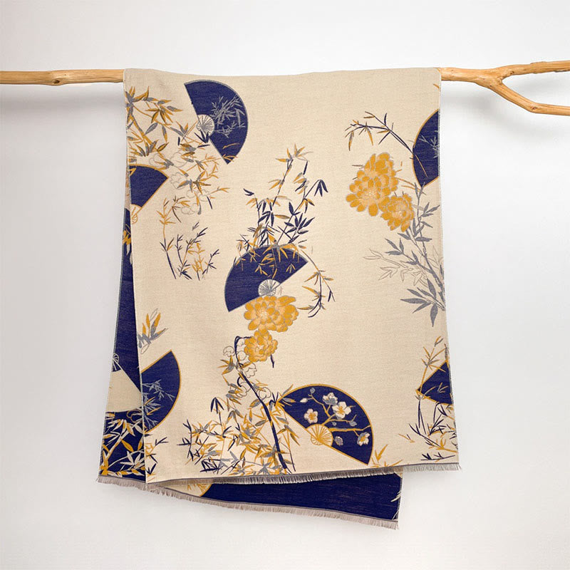 Buddha Stones Winter Fan Bamboo Peony Flowers Pattern Cozy Scarf Shawl - image 1