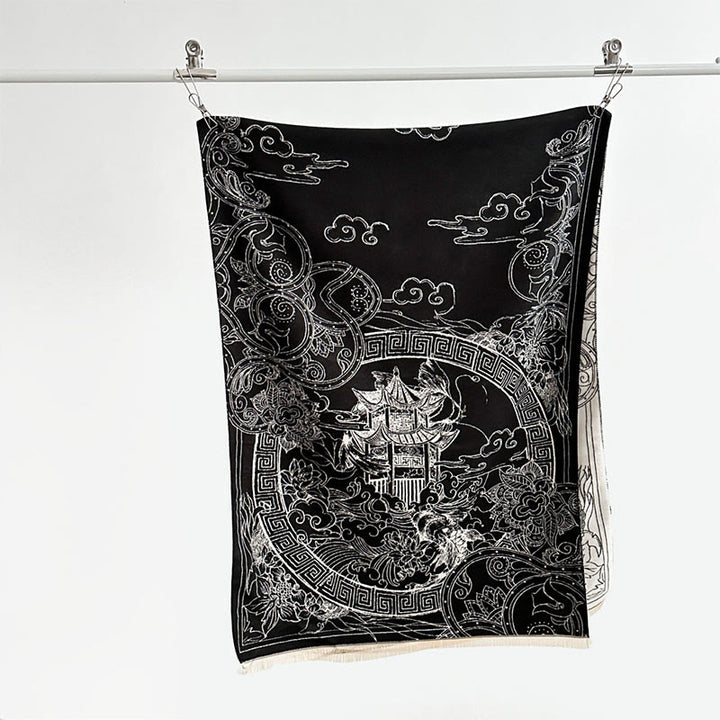 Buddha Stones Fall Pavilion Koi Fish Flowers Waves Pattern Cozy Scarf Shawl - image 8