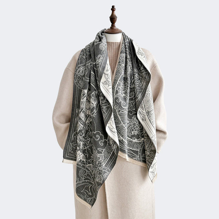 Buddha Stones Fall Pavilion Koi Fish Flowers Waves Pattern Cozy Scarf Shawl - image 1