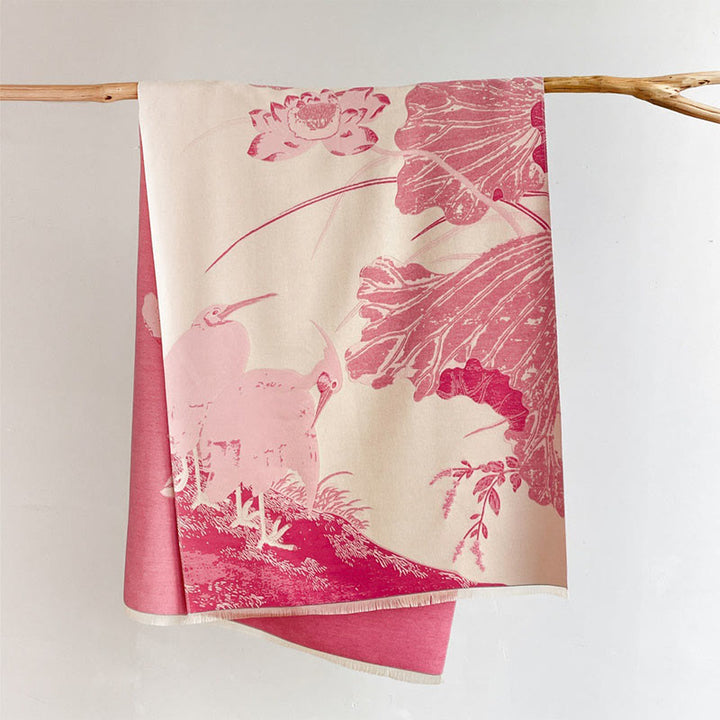 Buddha Stones Winter Stork Birds Lotus Flowers Leaves Pattern Soft Scarf Shawl - LightPink - 180*65cm - image 4
