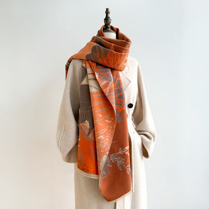 Buddha Stones Winter Stork Birds Lotus Flowers Leaves Pattern Soft Scarf Shawl - image 3