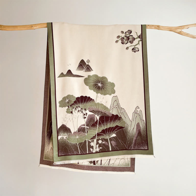 Buddha Stones Winter Mountain Lotus Flowers Leaves Pattern Soft Scarf Shawl - OliveDrab - 180*65cm - image 3
