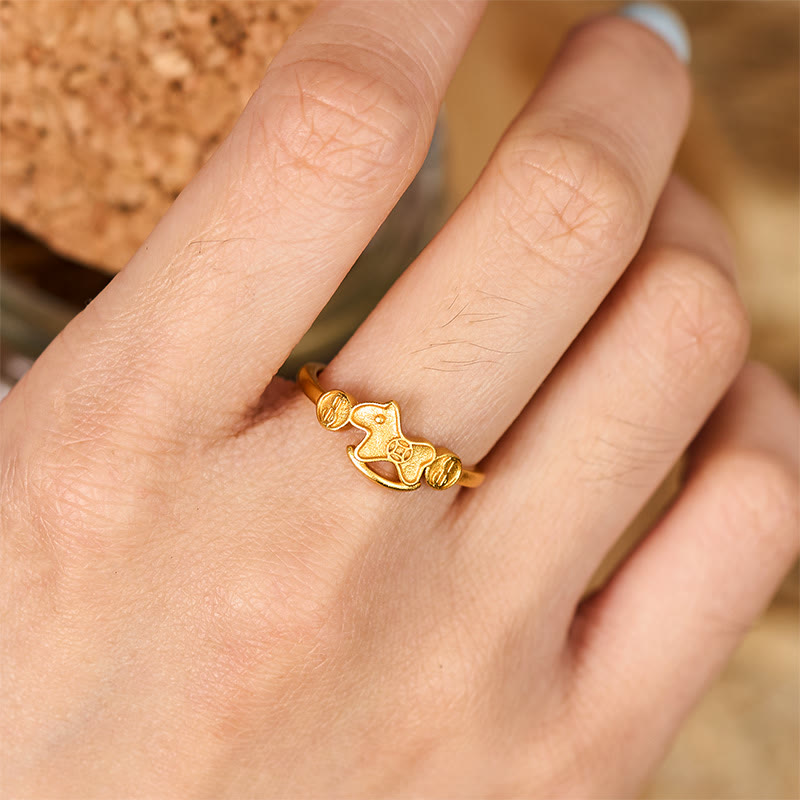 Buddha Stones Year Of The Horse 24k Gold Plated Brass Copper Coin Adjustable Ring - image 4