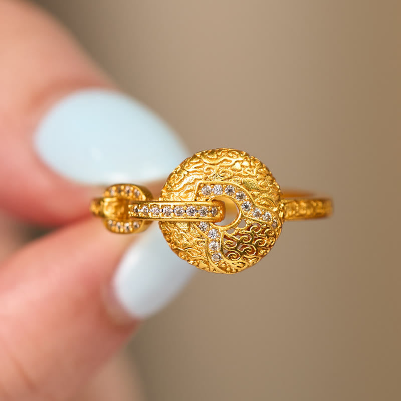 Buddha Stones 24k Gold Plated Brass Hollow Carved Design Peace Buckle Adjustable Fortune Ring - image 3