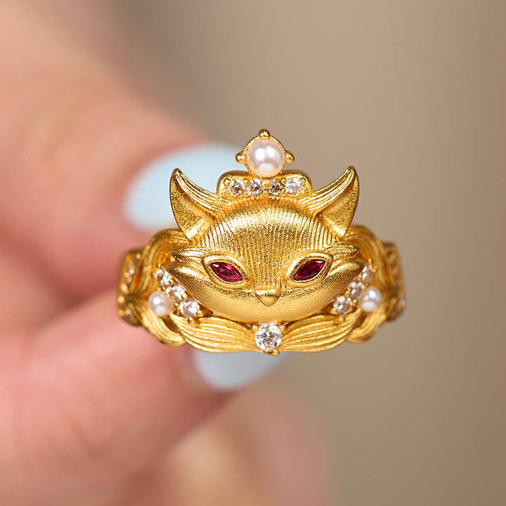 Buddha Stones Fox Head Design 24k Gold Plated Brass Adjustable Ring - image 3