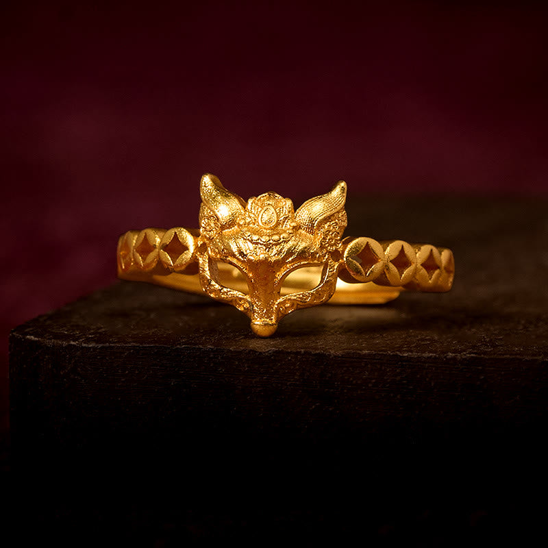 Buddha Stones 24k Gold Plated Brass Fox Coin Hollow Design Adjustable Ring - Adjustable - image 0