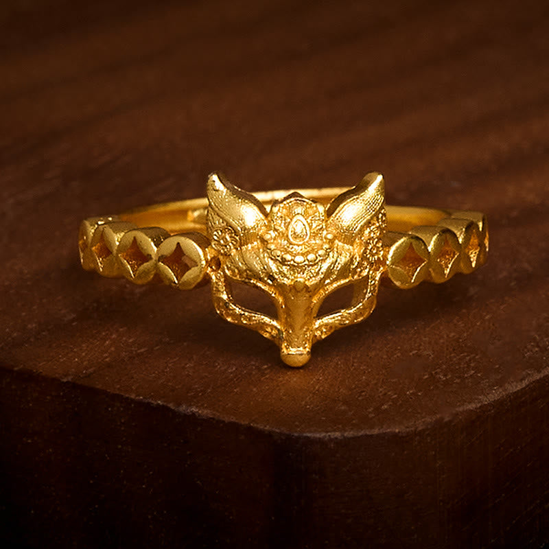 Buddha Stones 24k Gold Plated Brass Fox Coin Hollow Design Adjustable Ring - image 1